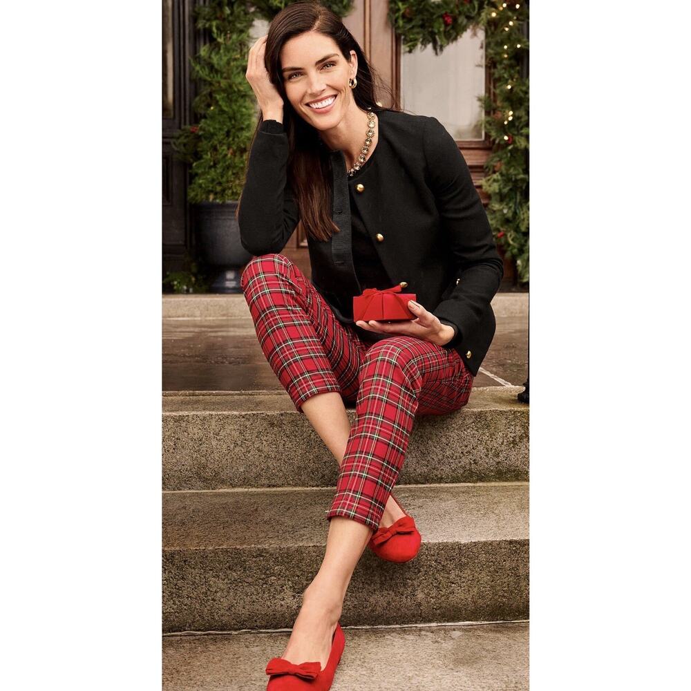 Talbots Tapered Ankle Pants Apple Cider Red Pop Multi Plaid Wool Blend Womens 8